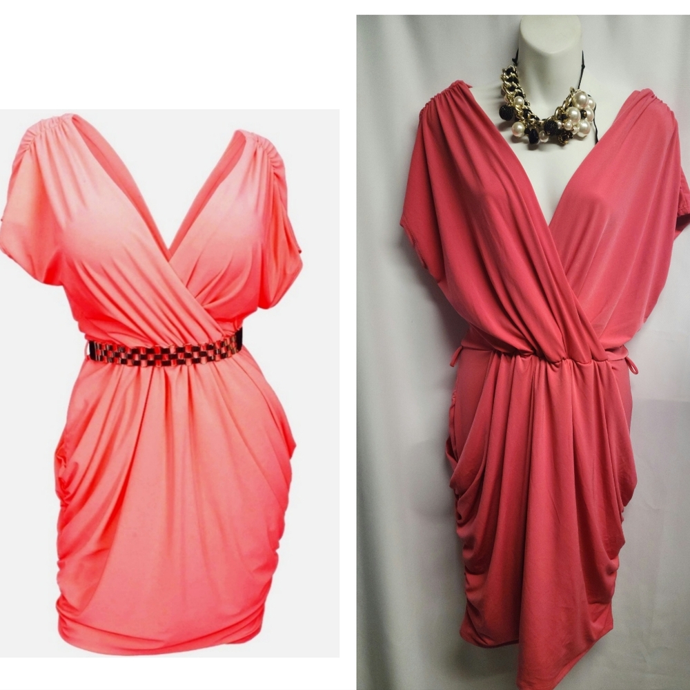 eVogues Plus Size Deep V-Neck Wrap Bodice Dress. Sz 3x. Coral